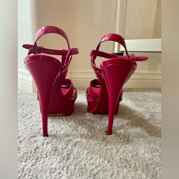 YSL Saint Laurent Hot Pink Magenta Patent Tribute T-Strap Platform Sandals $995! - Picture 7 of 12